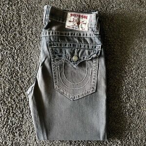 True Religion Charcoal Grey Pants with White Signature Stitching